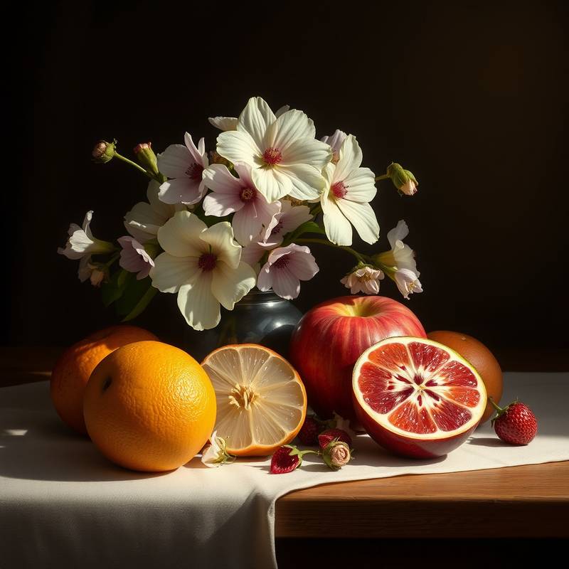 Studentenarbeit: Stillleben mit Früchten und Blumen